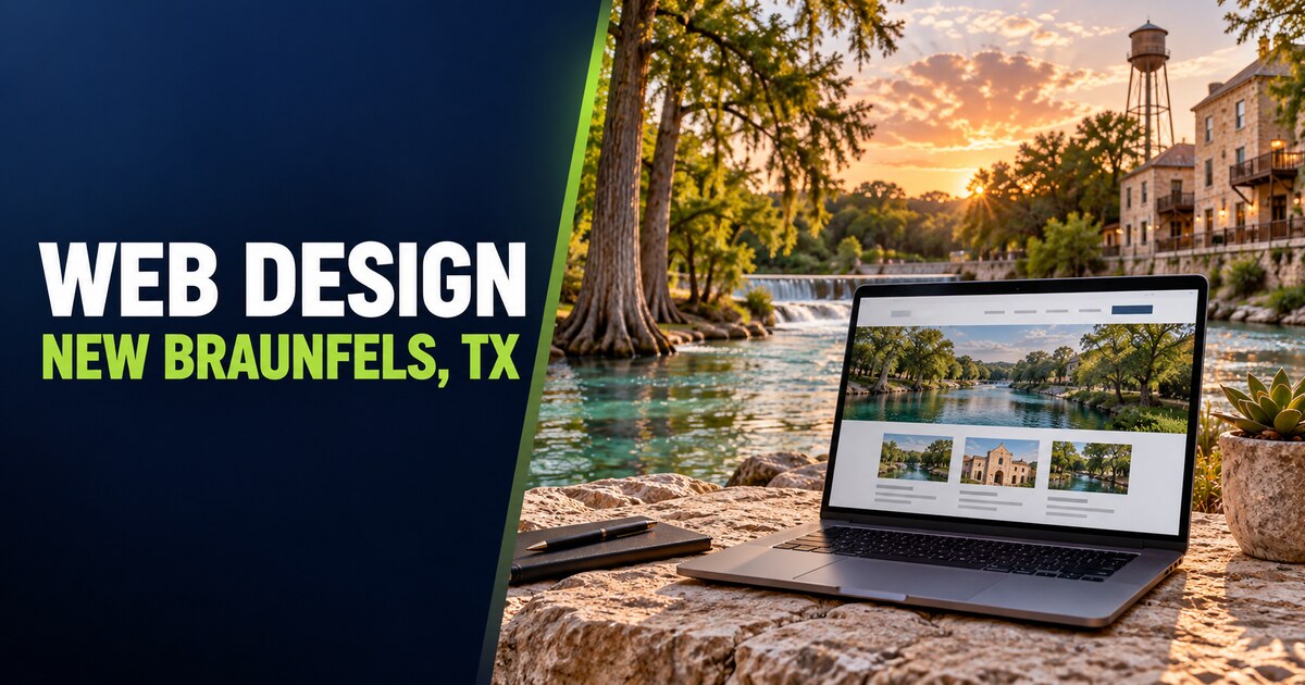 Web design in New Braunfels, TX featuring a modern website and Texas Hill Country river scene